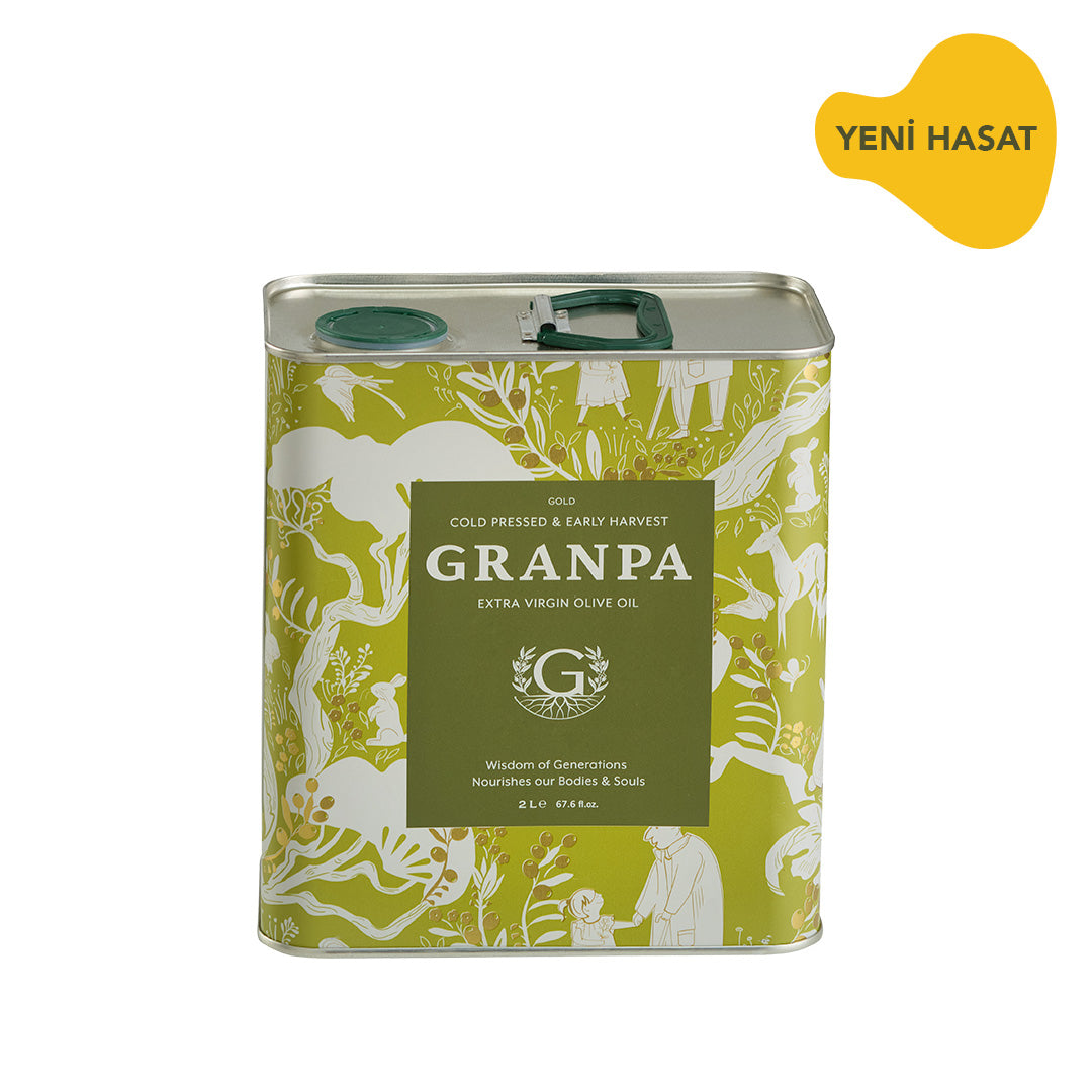 Granpa Gold 2 L erken hasat soğuk sıkım zeytinyağı – premium teneke ambalaj
