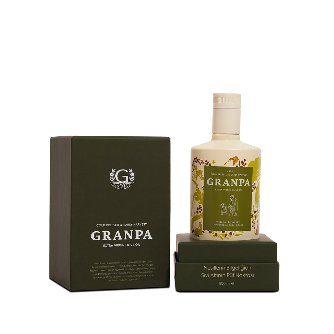 Granpa Gold yeni hasat 500 ml soğuk sıkım zeytinyağı hediye seti – premium kutulu özel seri