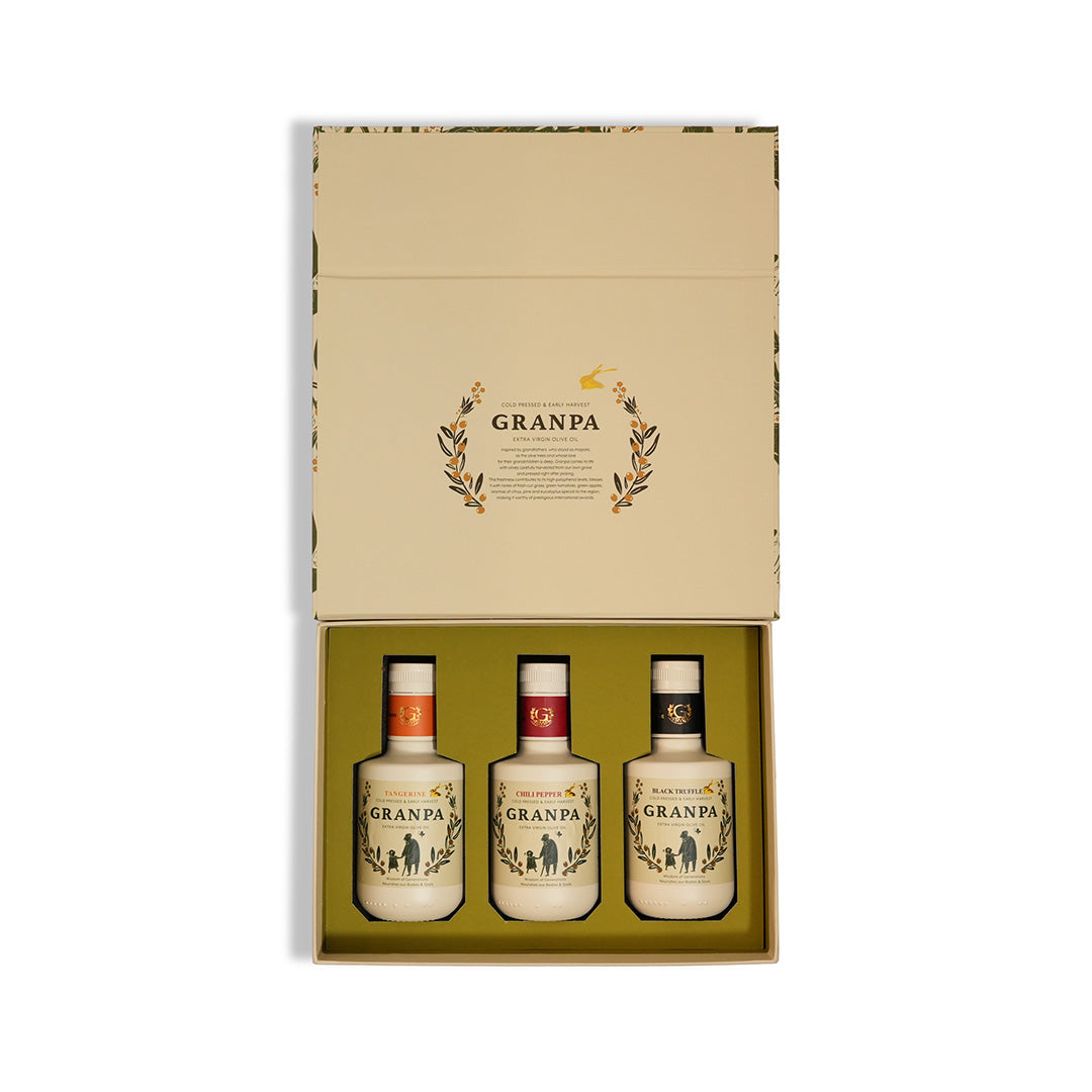Granpa hediyelik 3’lü çeşnili zeytinyağı seti – tangerine, chili pepper ve black truffle aromalı soğuk sıkım özel seri