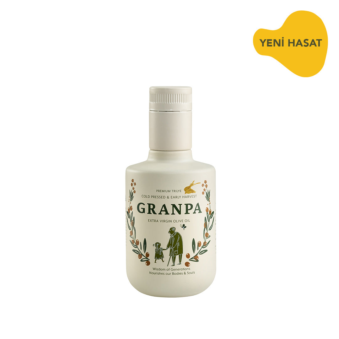 Granpa Premium Trilye 250 ml Erken Hasat Soğuk Sıkım Zeytinyağı ürün fotoğrafı – beyaz şişe, yeşil Trilye etiketi