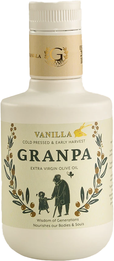 Granpa vanilyalı çeşnili zeytinyağı şişesi – aromalı natürel sızma zeytinyağı (overlay görseli)